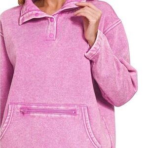 New Zenana Fleece Washed High Neck Kangaroo Pocket Sweatshirt, size Large